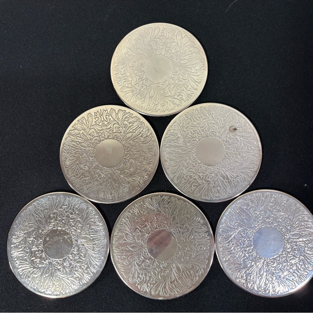 Silver Plated Vintage Coaster Set of 6 Floral Embossed Design